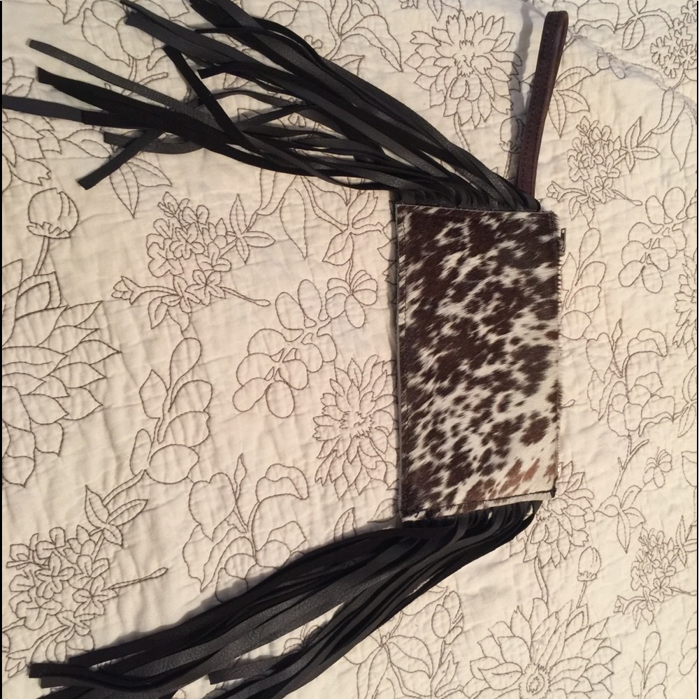 Fringe Cowhide Wristlet Clutch in Brown and White
